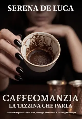 La copertina di Caffeomanzia: una donna con le unghie laccate di nero solleva una tazzina bianca, e il caffè ha disegnato segni scuri sulle pareti interne e sul fondo; dietro, sfocato, il suo viso, e sul tavolo due bricchi di rame. In alto il nome Serena De Luca, in basso il titolo e la riga La tazzina che parla.