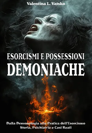 La copertina di Esorcismi e Possessioni Demoniache: una donna con la testa rovesciata all'indietro e la bocca aperta, i capelli neri scomposti nel fumo verdastro; dal basso sale una croce di fiamme arancioni. In alto il nome Valentina L. Vatsko, al centro il titolo in bianco, in fondo la riga Dalla demonologia alla pratica dell'esorcismo.