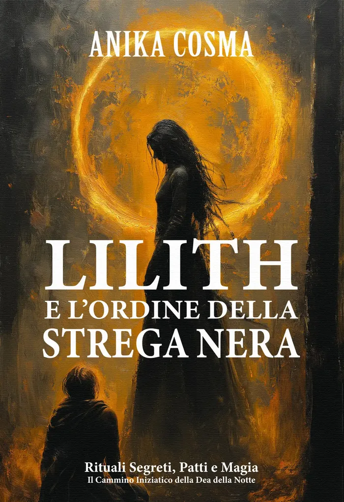 La copertina di Lilith e l'Ordine della Strega Nera: un dipinto a olio nero e oro. Una figura femminile scura, in piedi, i capelli lunghi al vento, stagliata dentro un grande cerchio dorato che le fa da alone; in basso, molto più piccola, una figura incappucciata inginocchiata di spalle. In alto il nome Anika Cosma, al centro il titolo in bianco, in fondo la riga Rituali segreti, patti e magia.