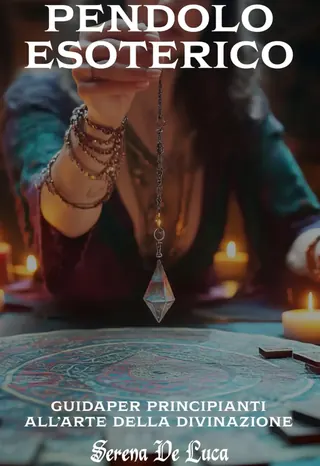 La copertina di Pendolo Esoterico: una mano con molti bracciali tiene sospeso un pendolo di cristallo a punta sopra una tavola radiestesica colorata, fra candele accese e carte appoggiate sul tavolo. In alto il titolo in bianco, in basso la riga sulla guida per principianti e la firma di Serena De Luca.