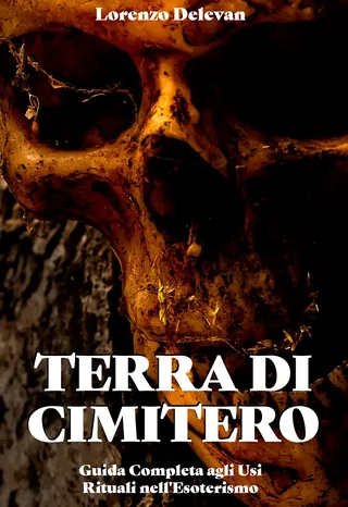 La copertina di Terra di Cimitero: il primo piano di un teschio umano illuminato di arancione e oro contro il buio, con filamenti dorati sulle ossa e una corteccia sulla sinistra. In alto il nome Lorenzo Delevan, in basso il titolo in bianco e la riga Guida completa agli usi rituali nell'esoterismo.