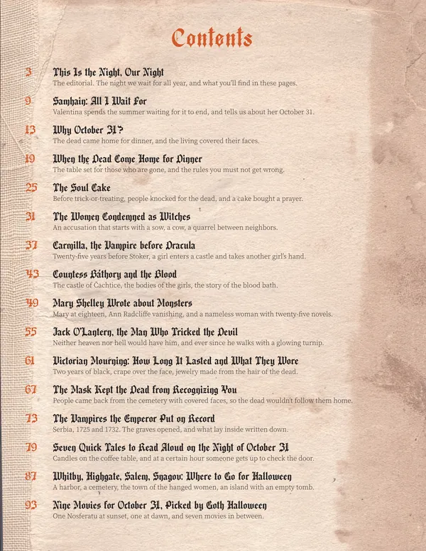 Page 5: the contents printed on old paper, the same sixteen entries in blackletter with rust-colored page numbers.