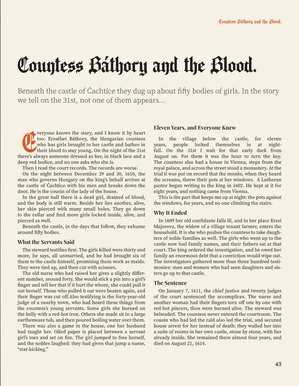 Page 43: the opening of the article Countess Báthory and the Blood, with a rust-colored drop cap and the text in two columns.