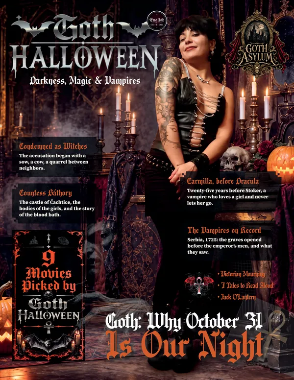 The front cover: Valentina in a black corset among candles, a skull and a lit pumpkin, under the title Goth Halloween in silver and the English Edition seal.