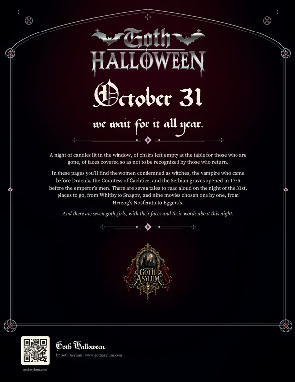 The back cover: inside an arched frame, the title in silver, the description, the Goth Asylum crest and a QR code.