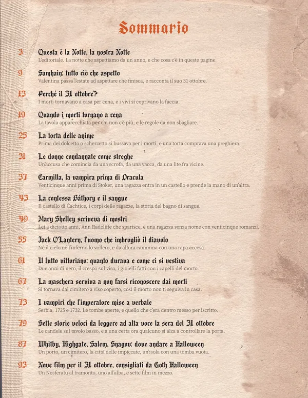 Pagina 5: il sommario stampato su carta vecchia, le stesse sedici voci in gotico con i numeri color ruggine.