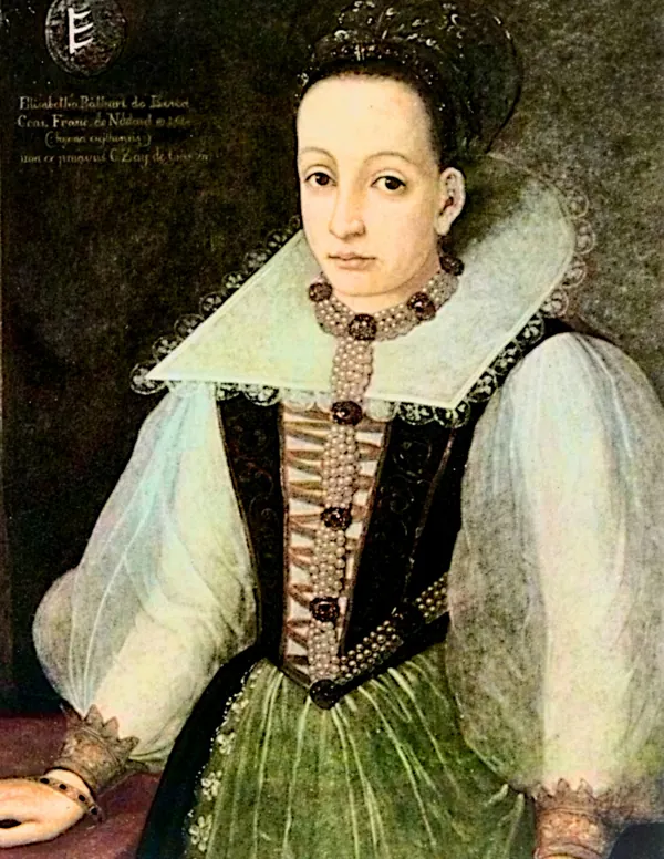Page 42: the portrait of Countess Erzsébet Báthory, known in English as Elizabeth Bathory, with a large white lace collar, pearls and a green gown.