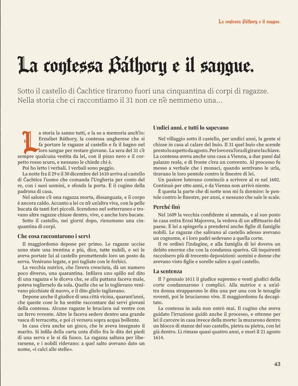 Pagina 43: l’apertura dell’articolo La contessa Báthory e il sangue, col capolettera color ruggine e il testo su due colonne.
