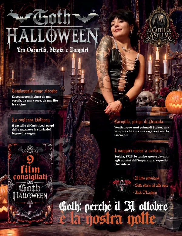 La copertina: Valentina in corsetto nero fra candele, un teschio e una zucca accesa, sotto il titolo Goth Halloween in argento.