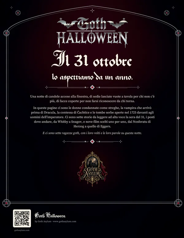 La quarta di copertina: dentro una cornice ad arco, il titolo in argento, la presentazione, lo stemma di Goth Asylum e un codice QR.