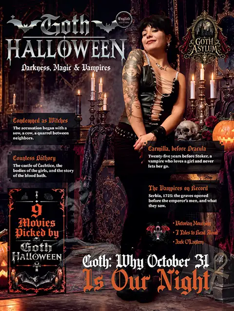 The cover of Goth Halloween: Valentina, a goth girl in a black corset with tattooed arms, among lit candles, a skull and a carved pumpkin, under the title in silver letters and the English Edition seal.