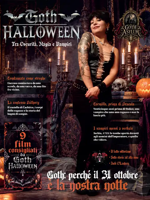 La copertina di Goth Halloween: Valentina, ragazza goth in corsetto nero e braccia tatuate, fra candele accese, un teschio e una zucca intagliata, sotto il titolo in lettere d’argento.