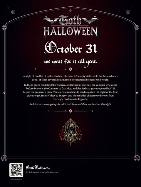 The back cover of Goth Halloween: on black and burgundy, inside an arched frame with small red diamonds, the title in silver, the words October&nbsp;31, we wait for it all year, the description, the Goth Asylum crest and a QR code at the bottom.
