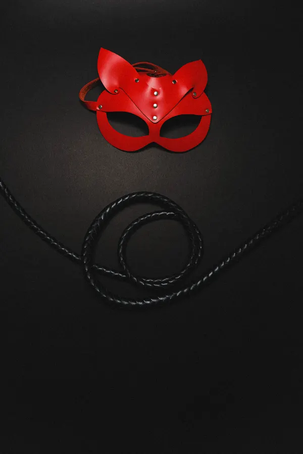 A red leather cat mask and a black whip on a dark surface.