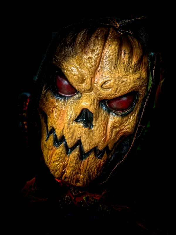 A rotting pumpkin mask with glowing red eyes and a jagged grin in the dark.