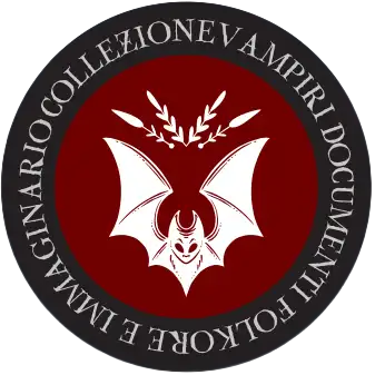 Il sigillo della collana Vampiri: un pipistrello bianco ad ali spiegate su fondo bordeaux, sotto una corona d'alloro, dentro un anello nero con la scritta Collezione Vampiri, documenti, folklore e immaginario.